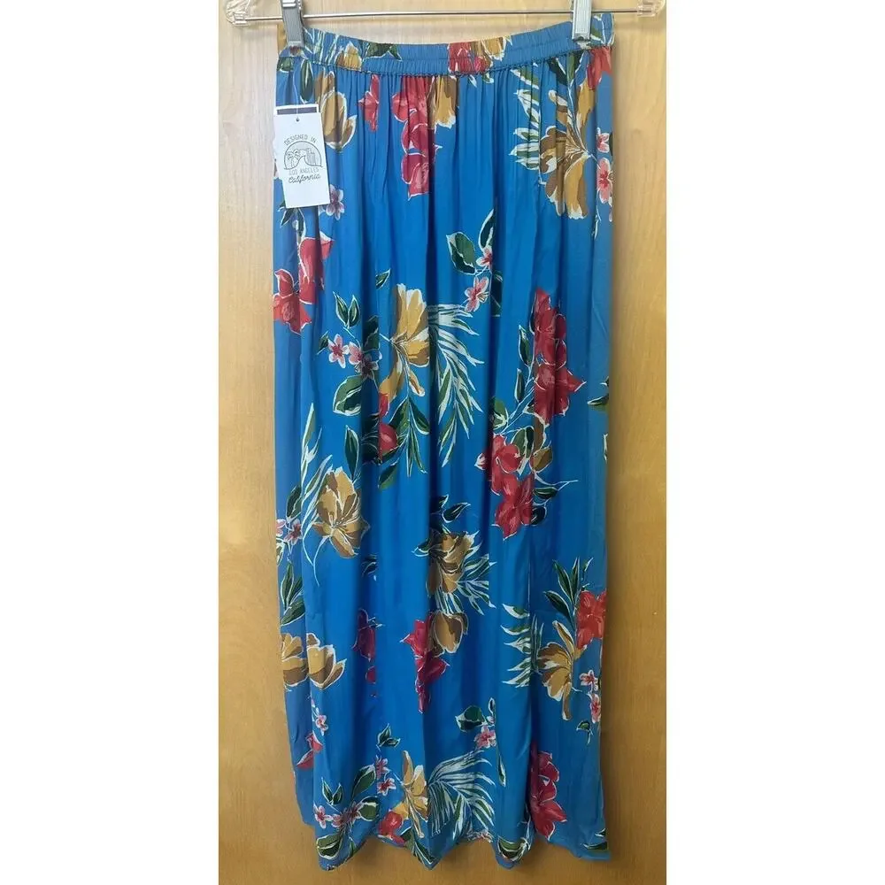 Patrons of Peace Blue Floral Front Slit Skirt Maxi Pleated Elastic Size Small